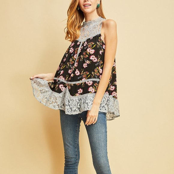 Black Floral Lace Detail Tank Top - Picture 1 of 10
